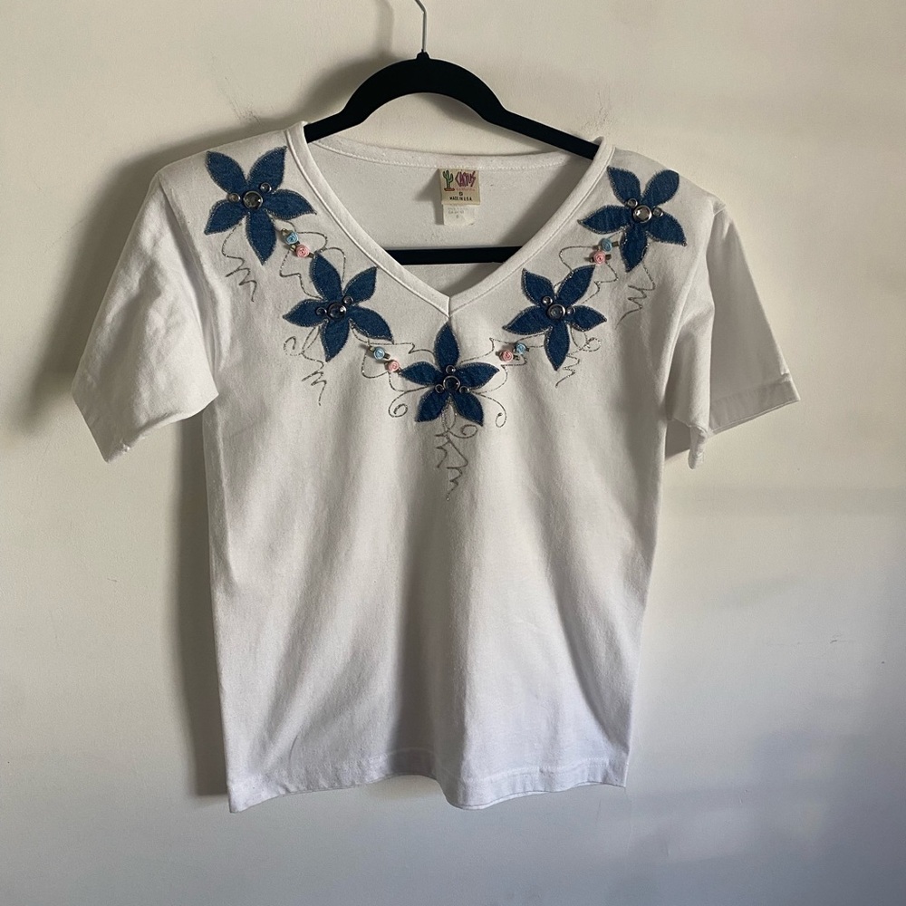Vintage White Top with Blue Denim Floral Accents Whimsical Cottagecore